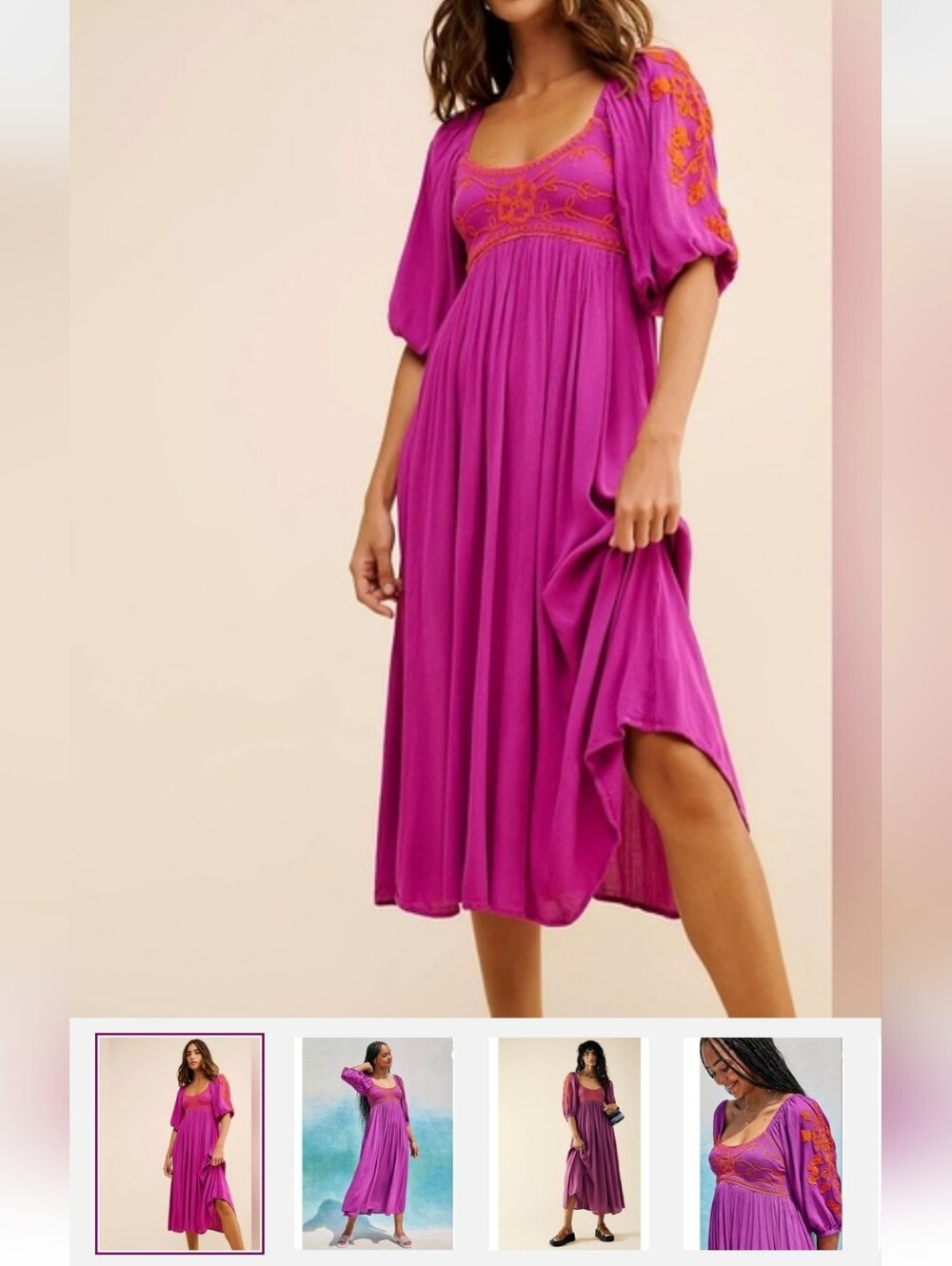 Free People, Size S Petite, Fuchsia Midi Dress with Orange Embroidery